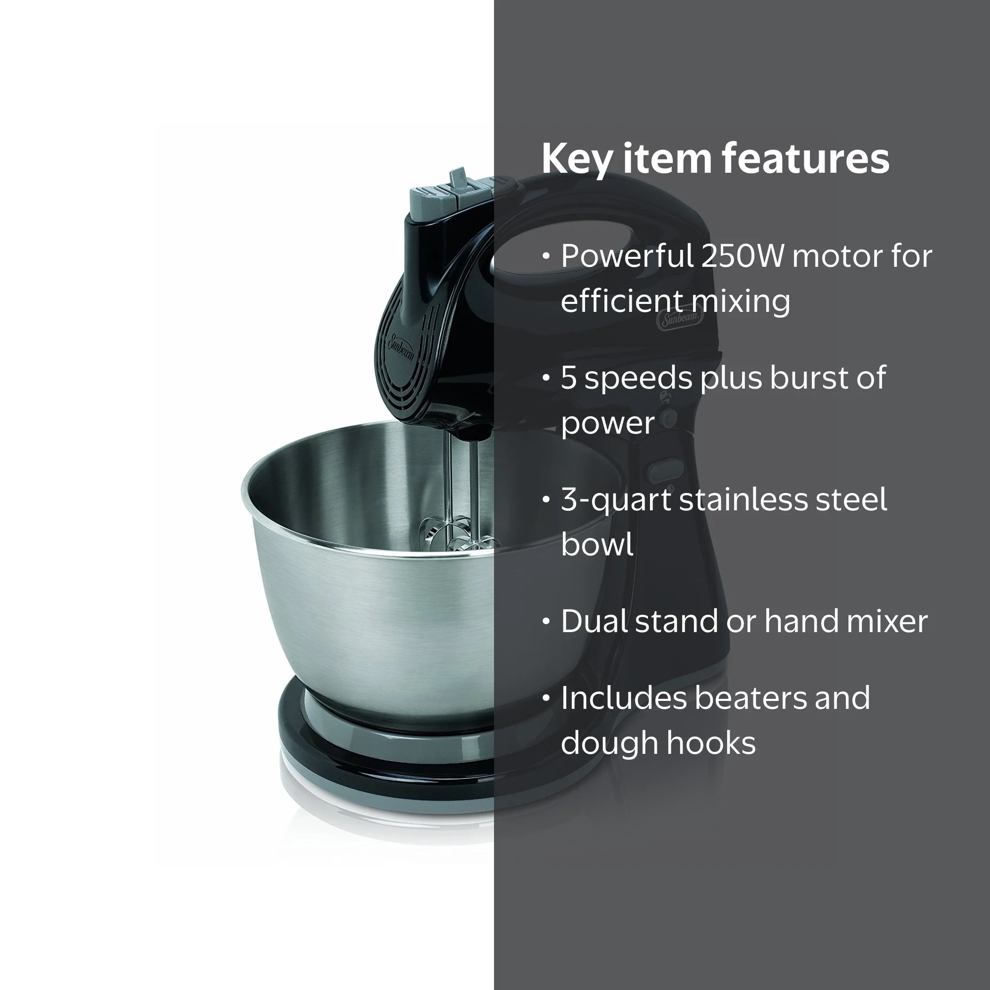 Sunbeam 250-Watt 5-Speed Stand Mixer, Black, with Hand Mixer & 3