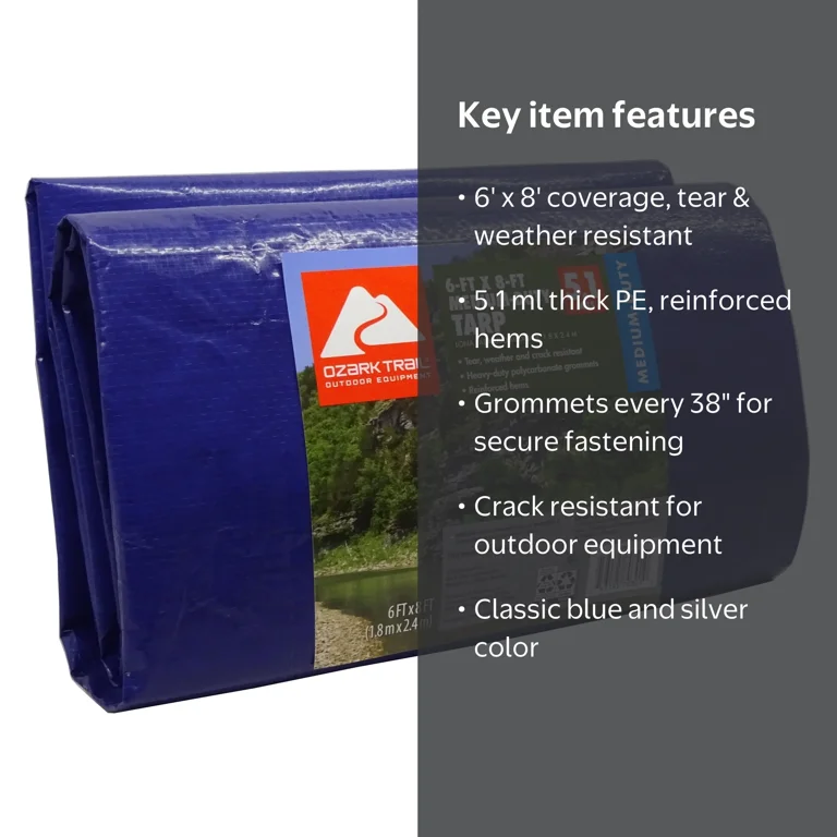 Ozark Trail Medium-Duty Tarp 6x8 ft PE Material with Grommets