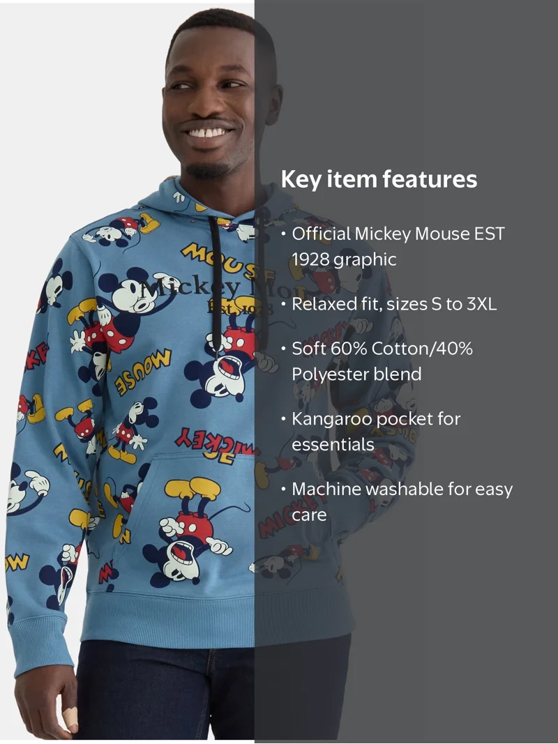 Disney Men's Mickey Mouse EST 1928 Graphic Hoodie S-3XL, Cotton