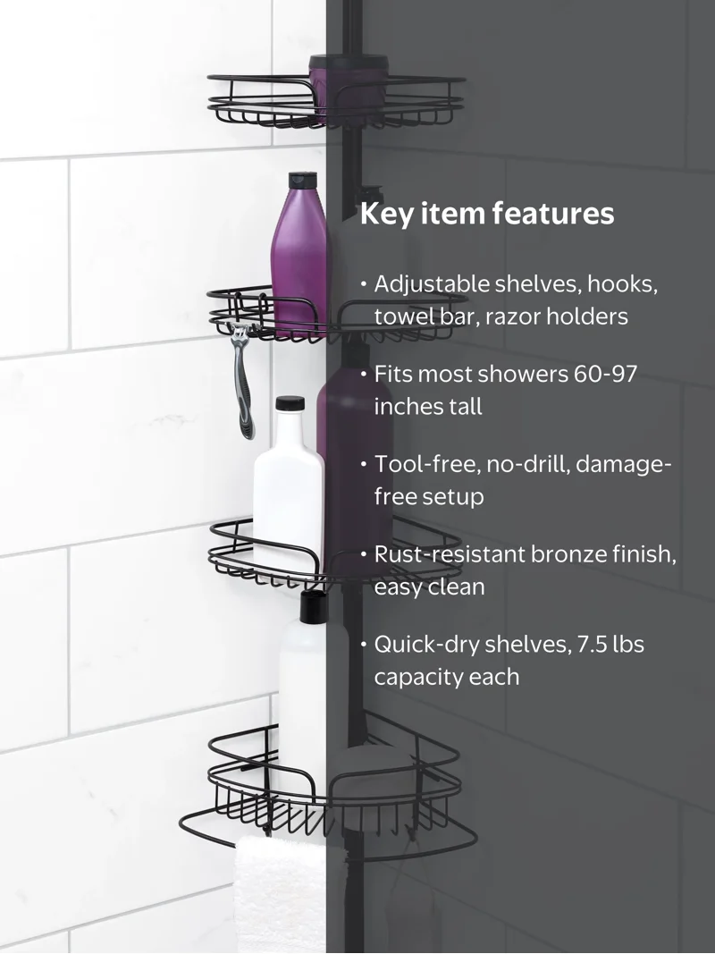Zenna Home, Shower Caddy, Bronze Tension Pole with 4 Shelves