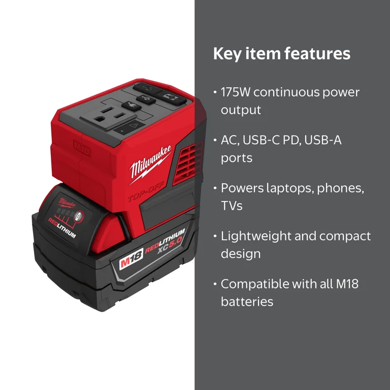 Milwaukee M18 TOP-OFF 175W Power Supply Kit with Battery 2 pc, 18V