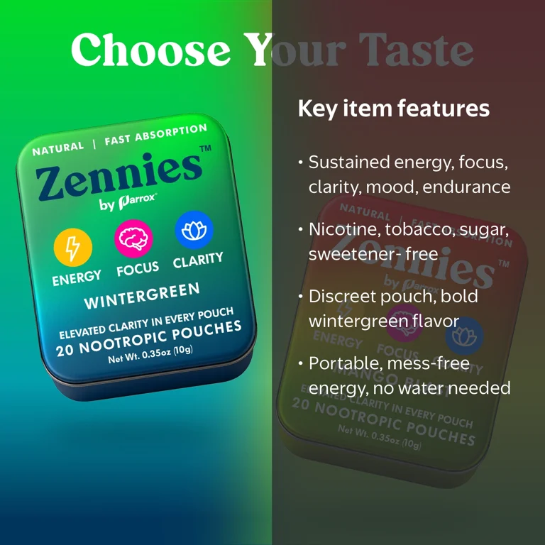 Zennies Caffeine Nootropic Pouches with Alpha GPC,L-Tyrosine & L