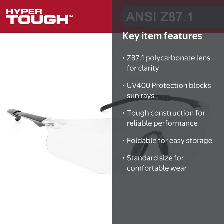 Hyper Tough Safety Glasses Clear Poly-Carbonate Lens UV400