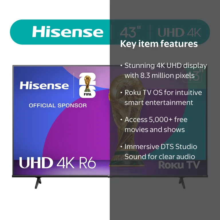 Hisense, 43-inch 4K UHD LED LCD Smart Roku TV HDR R6 Series 43R6E3