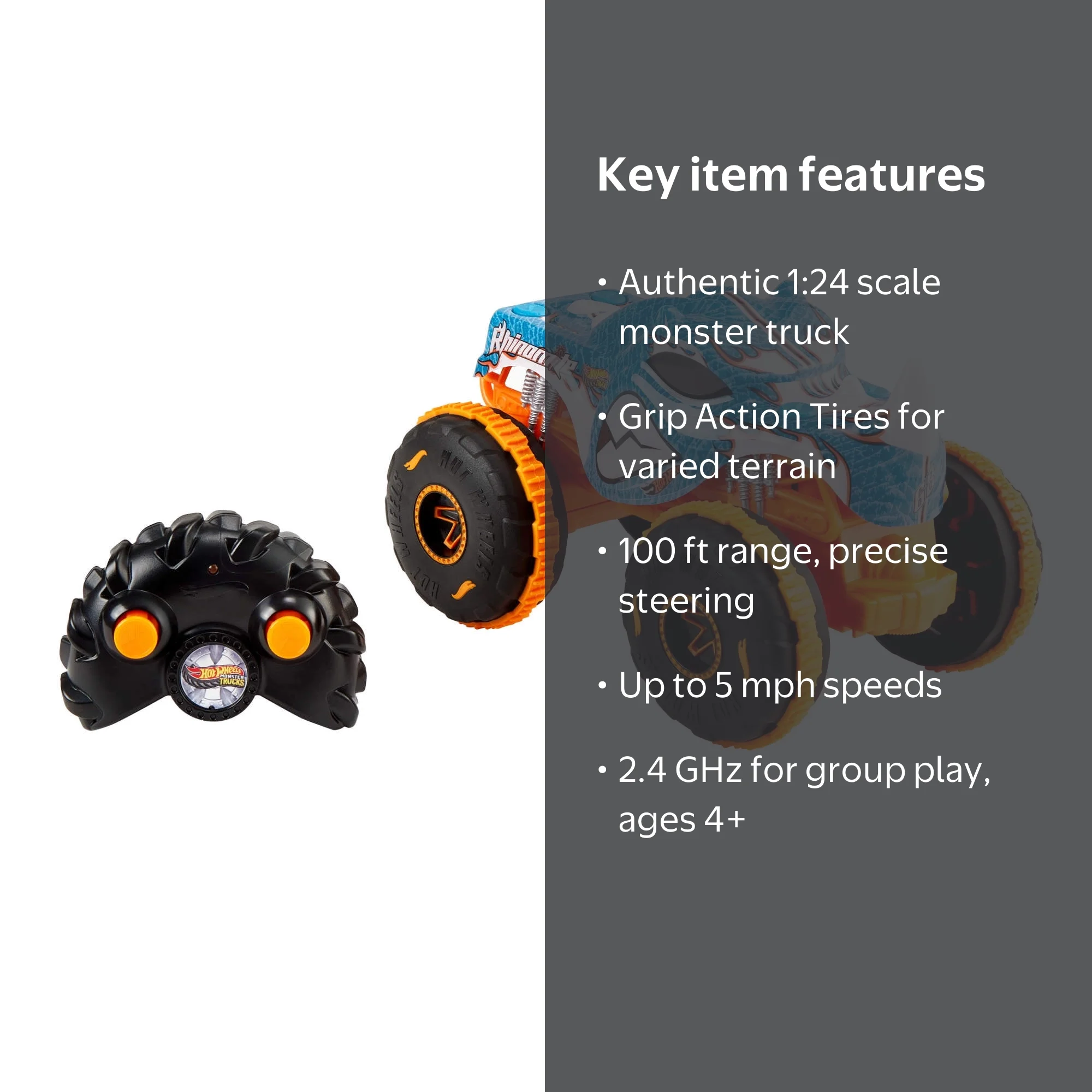 Hot Wheel RC Monster Trucks Rhinomite in 1:24 Scale, Battery