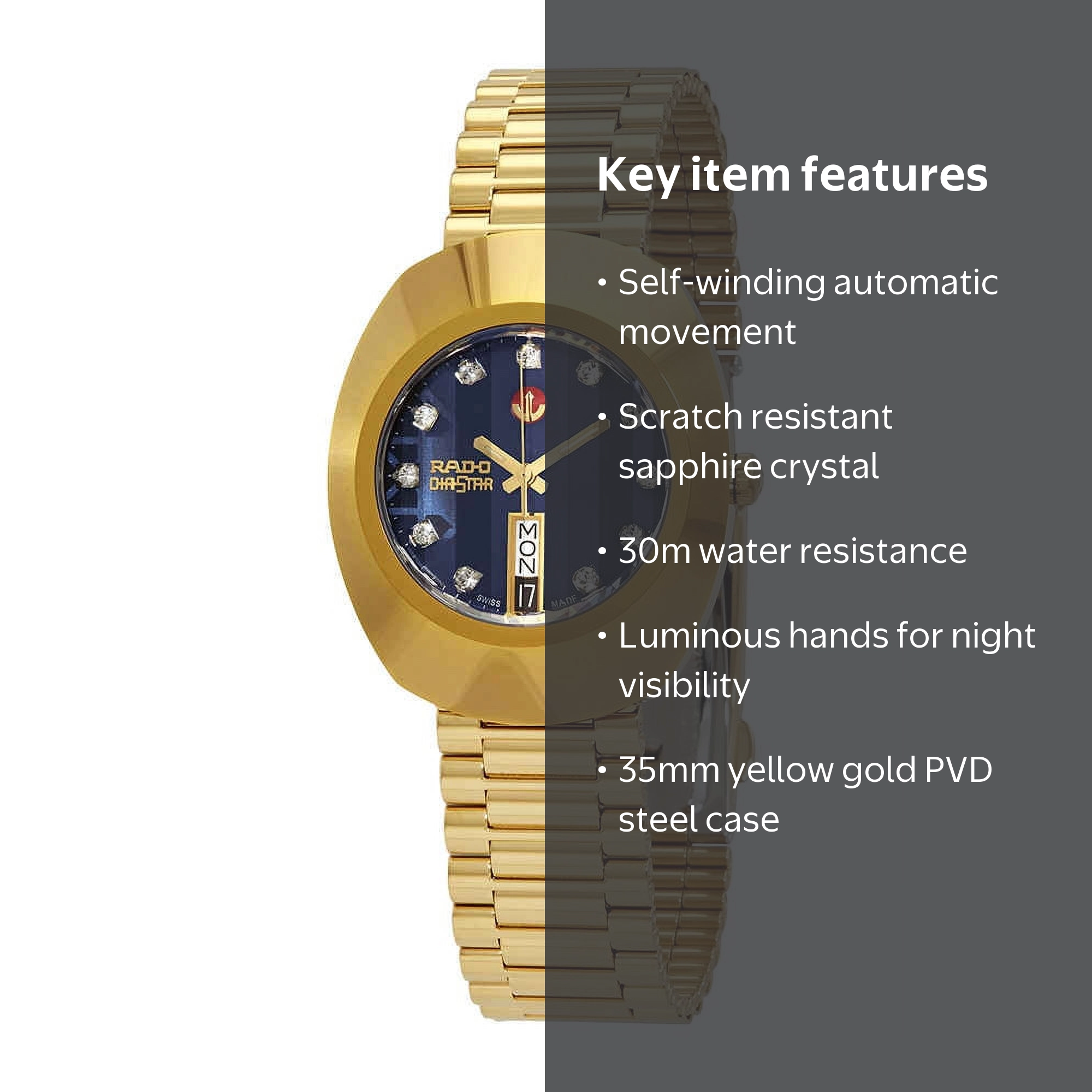 Rado Original Men's Watch, Automatic, Blue Dial, Gold Steel, Water