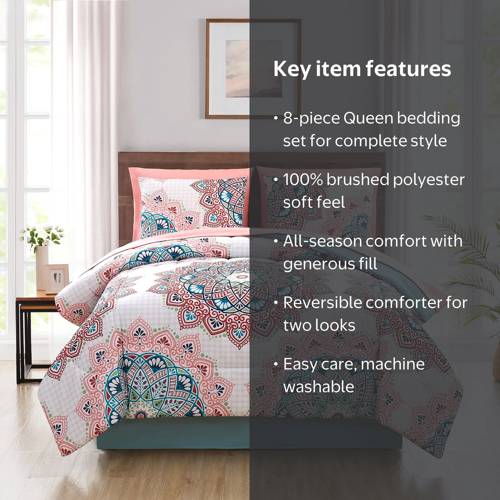 Mainstays Pink and Teal Medallion 8 Piece Bed in a Bag Comforter