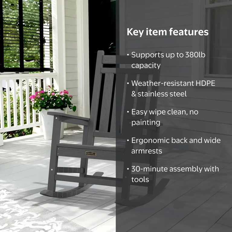 SERWALL, Outdoor Rocking Chair, Gray, Weatherproof, 380 lbs
