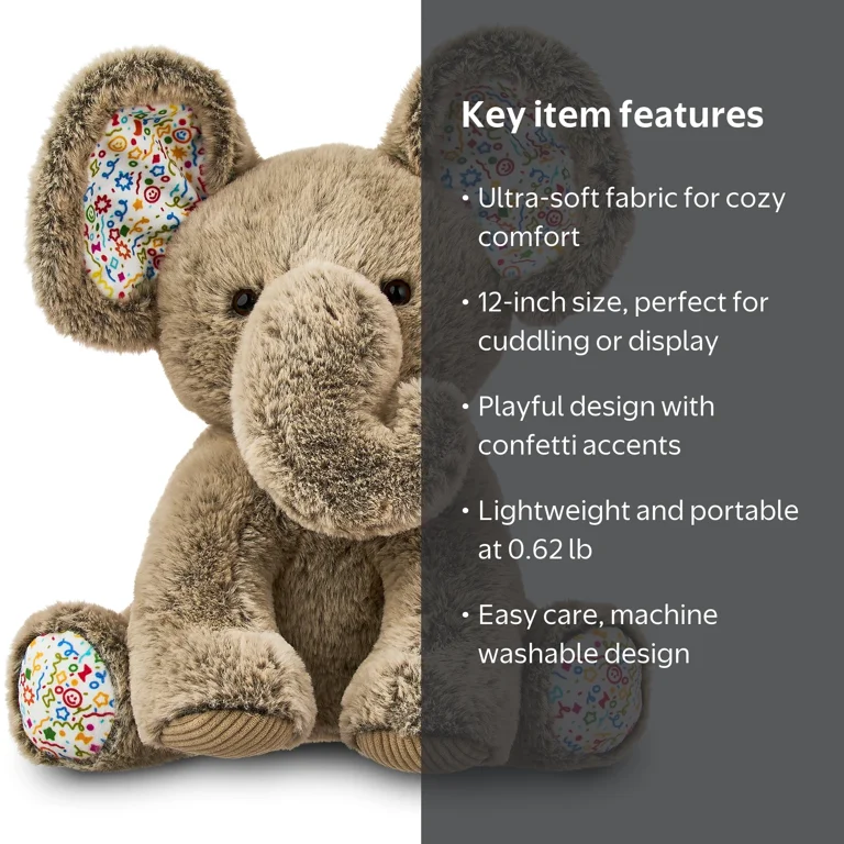 Way To Celebrate Elephant Plush Toy, Gray, 12 inches, ultra-soft