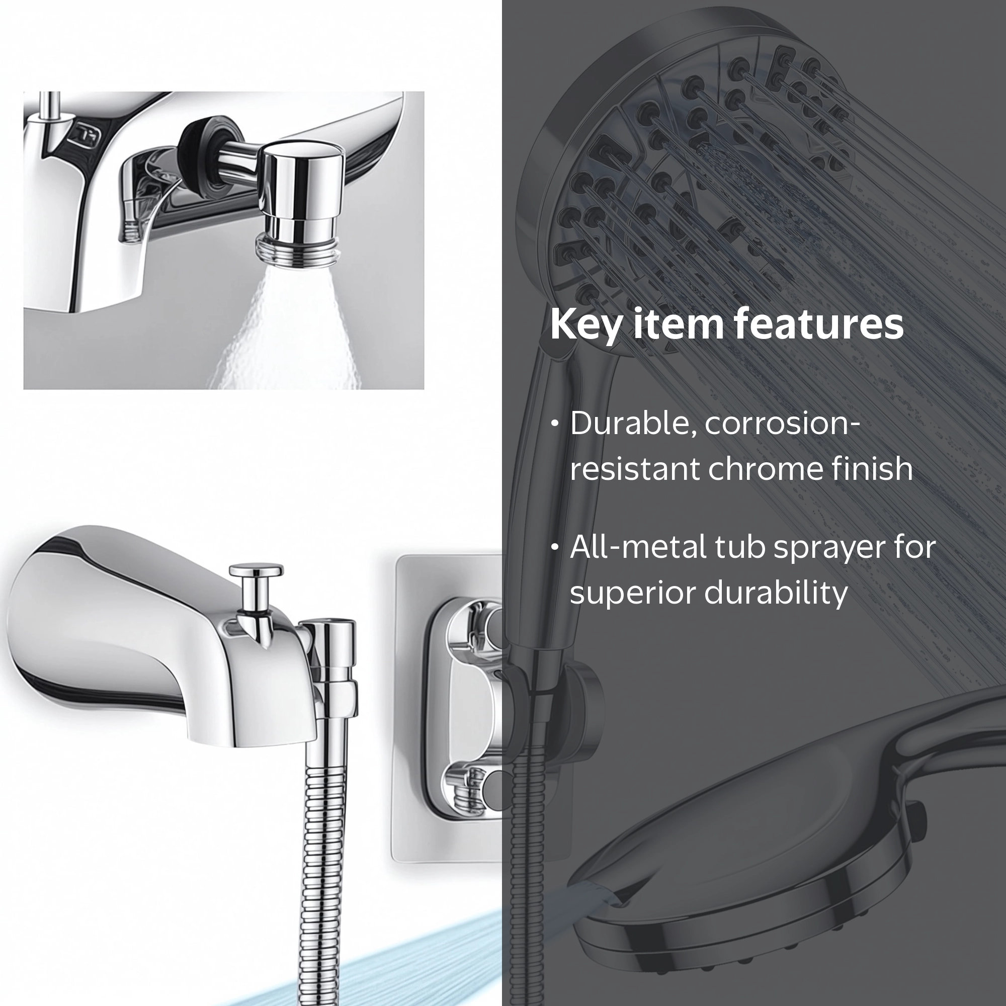 All-Metal Tub Faucet With Handheld Sprayer – 10-Setting Shower Head, Chrome Finish, 1/2-Inch Threaded Nose, Includes 3/4-Inch Adapter & Diverter