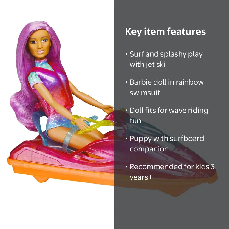 Barbie Beach Doll with Jet Ski, Snorkel, Surfboard, Dolphins