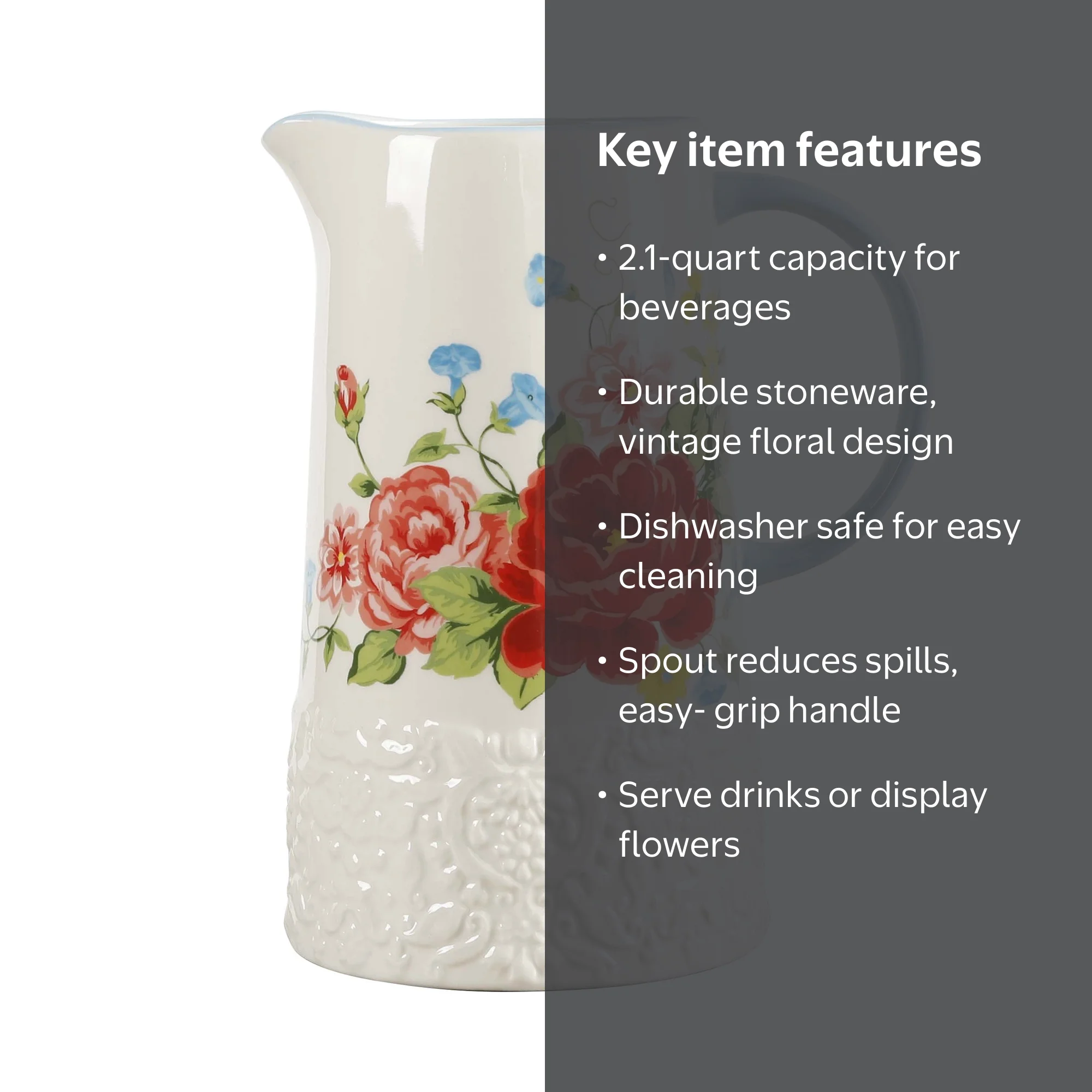 The Pioneer Woman Sweet Rose White 2-Quart Pitcher with Floral