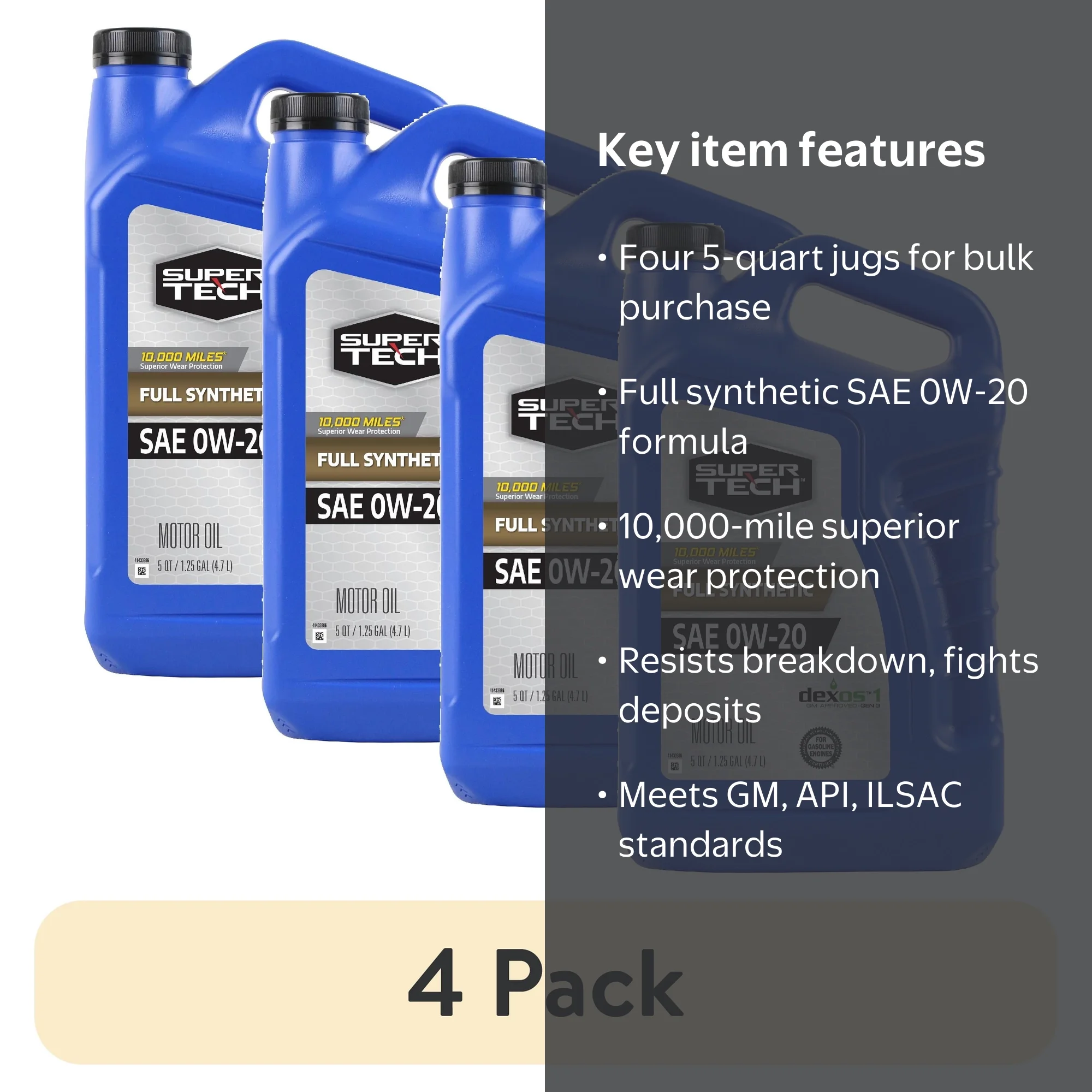 4 pack) Super Tech Full Synthetic SAE 0W-20 Motor Oil, 5 Quarts