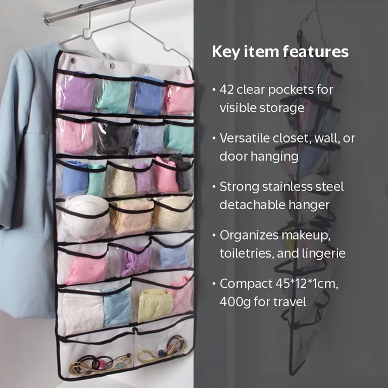 Hanging Travel Organizer, 42 Large Clear Zipper Pockets for Makeup