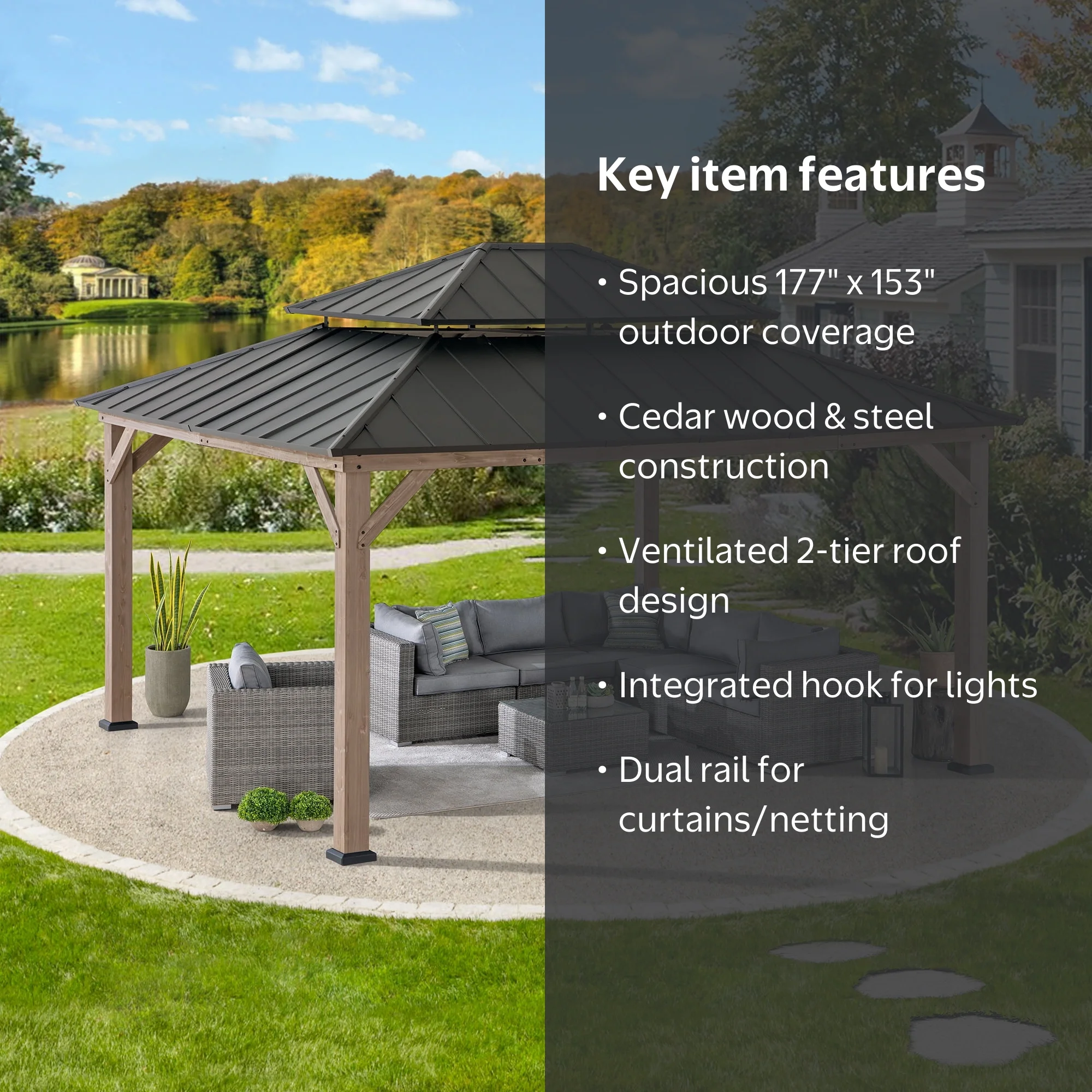 Sunjoy Archwood 13x15 ft Wooden Patio Solid Hardtop Outdoor Gazebo