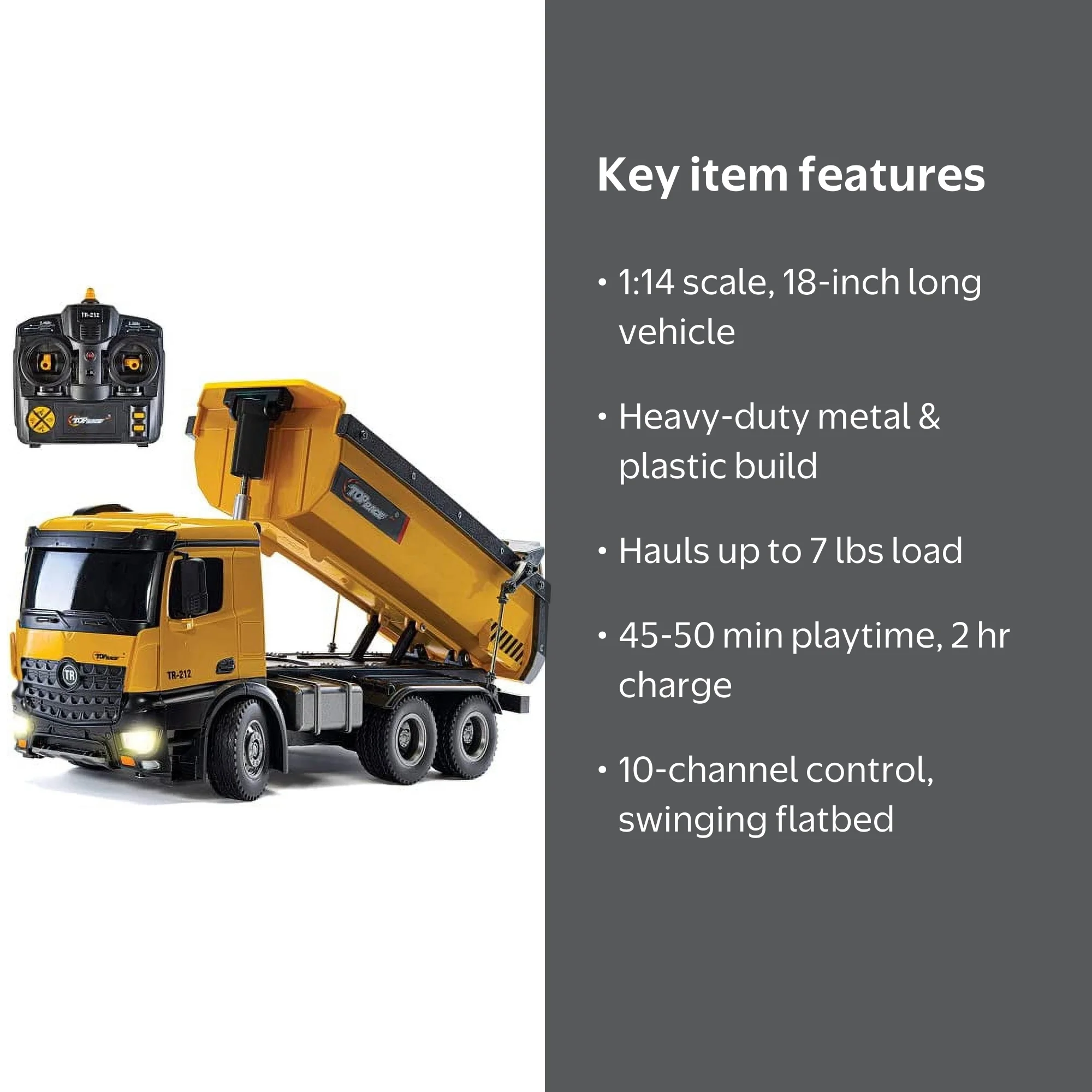 Top Race 1:14 Scale RC Dump Truck - Heavy Duty Metal & Plastic, 7