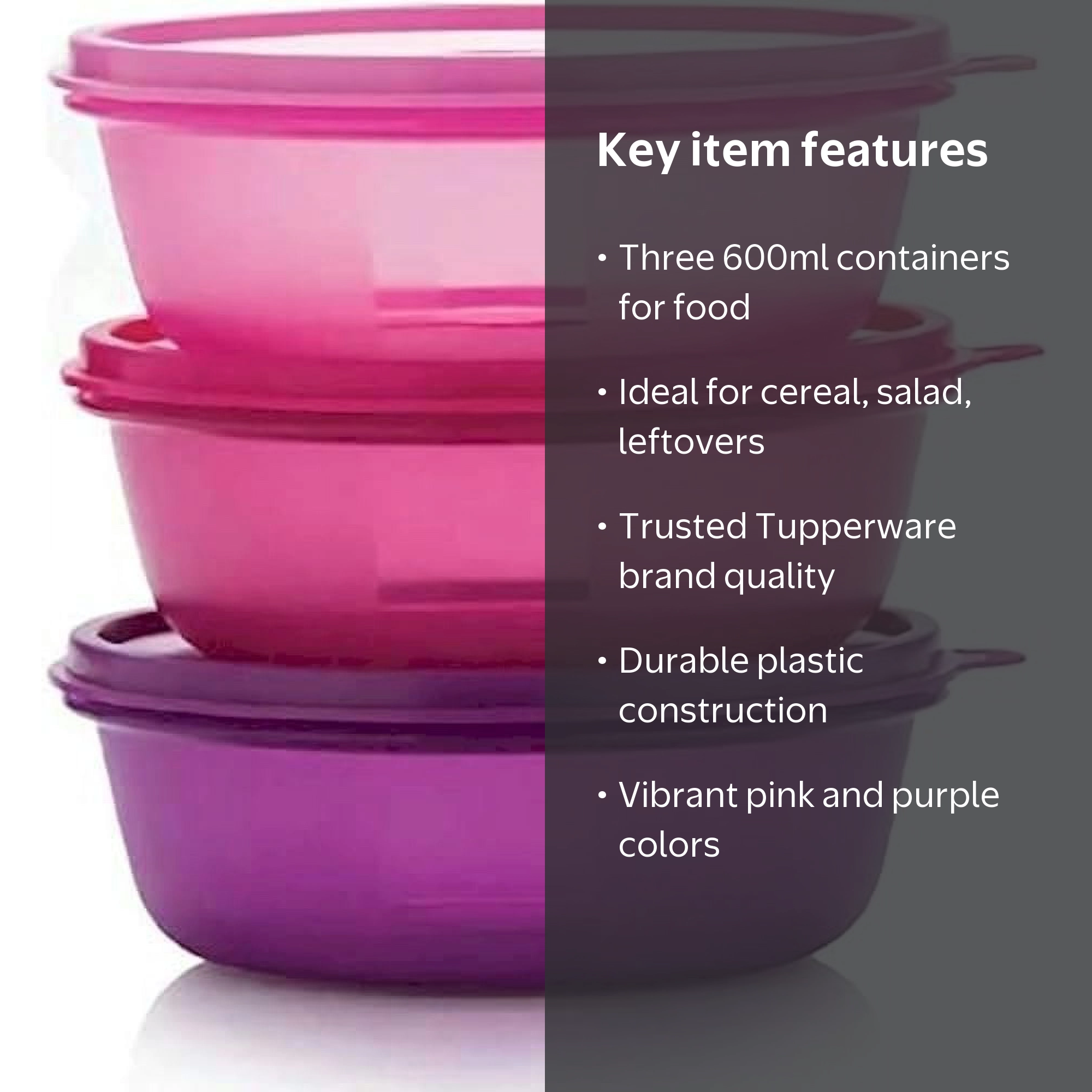Tupperware Pink and Purple Plastic Bowls, 600ML x 3pcs, Storage
