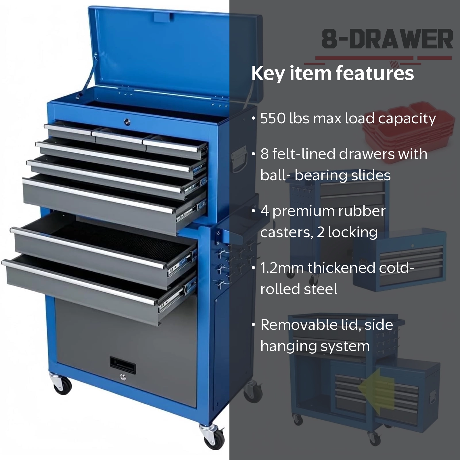 AIRAJ Large Mobile Rolling Tool Chest, 8 Drawers Detachable