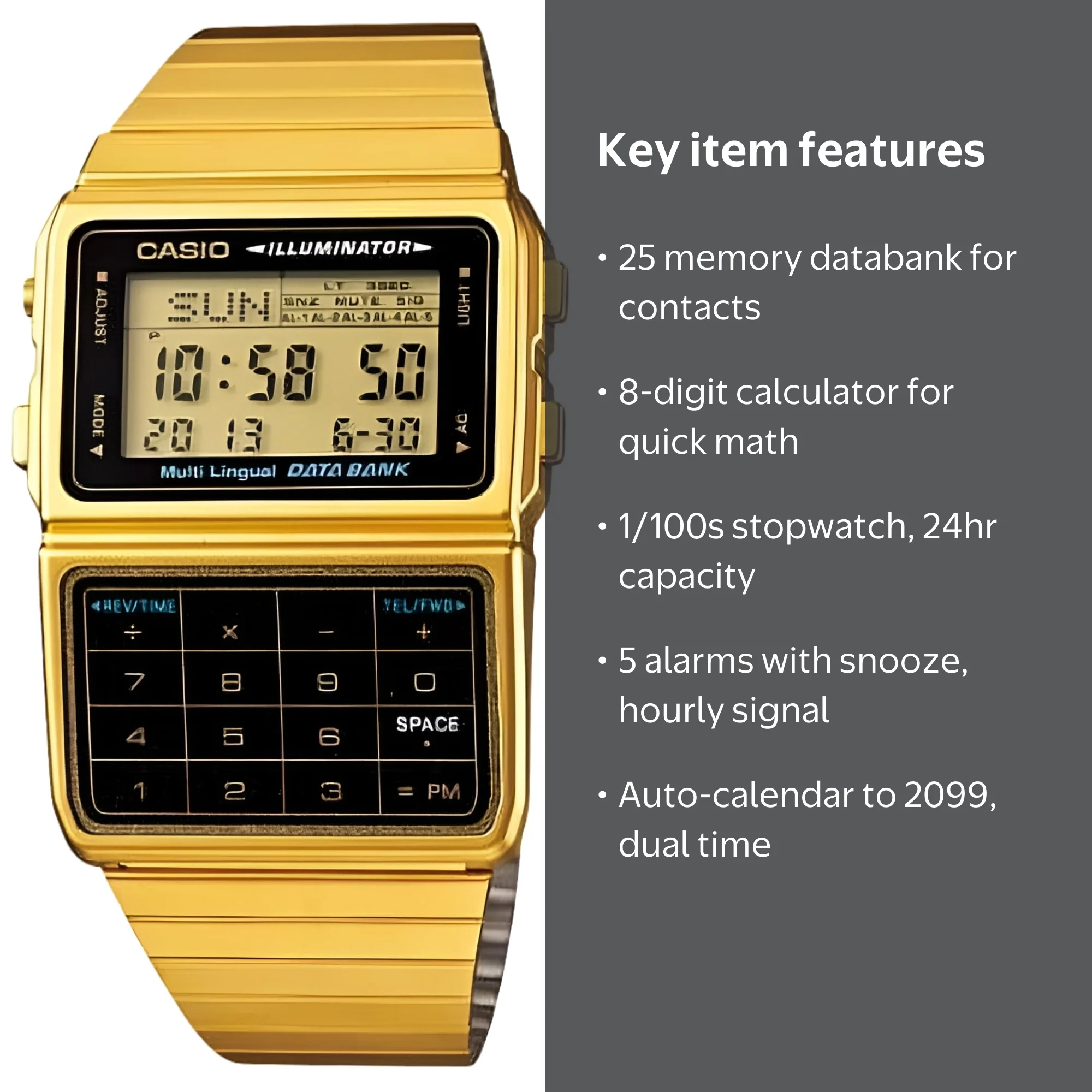 Casio, Men's Calculator Databank Watch, DBC611G-1D, Gold Tone