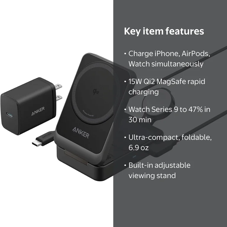 Anker MagGo 3 in 1 MagSafe Wireless Charger Stand, Qi2 15W