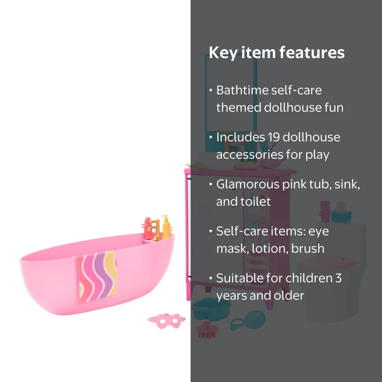 Barbie World Bathtime Toy Playset with 19 Dollhouse Accessories