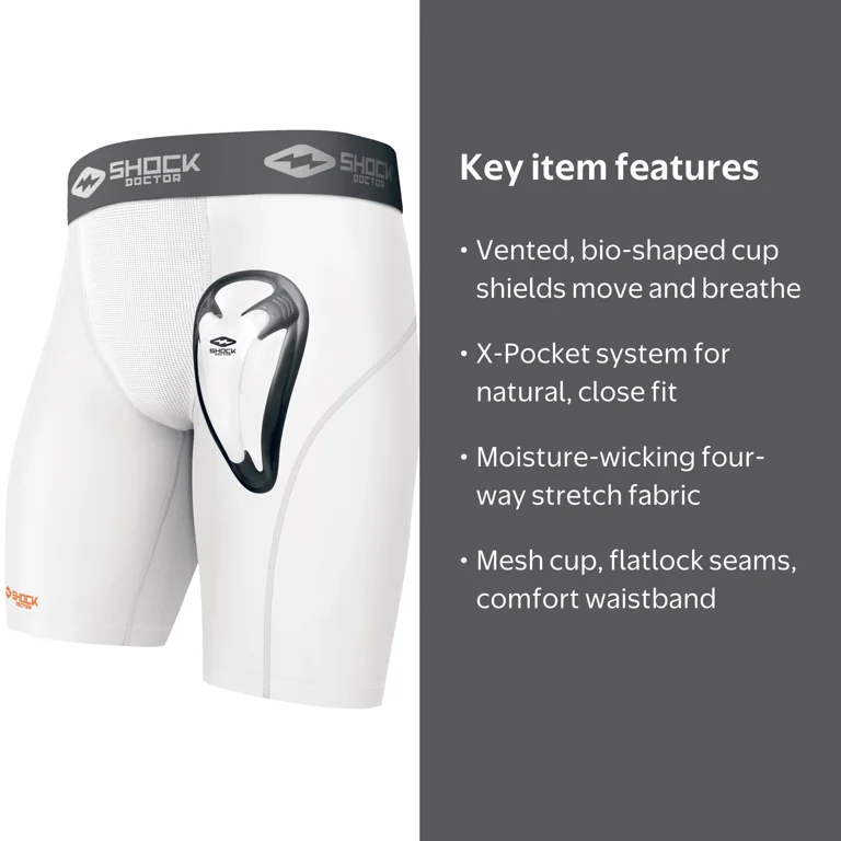 Shock Doctor, Compression Shorts with Protective Cup, Large, White