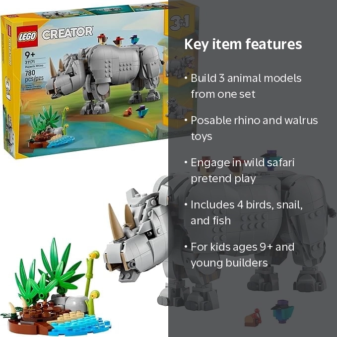 タコマフジレコード　ジェリーマルケス DINEX 3個セット　バリカンズ LEGO, Wild Animals, Majestic Rhino with Birds, Model 31171