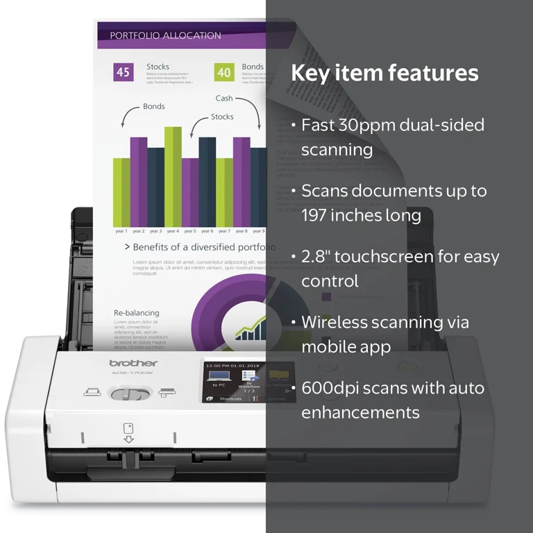 Brother, Wireless Compact Desktop Scanner, 30ppm, 2.8