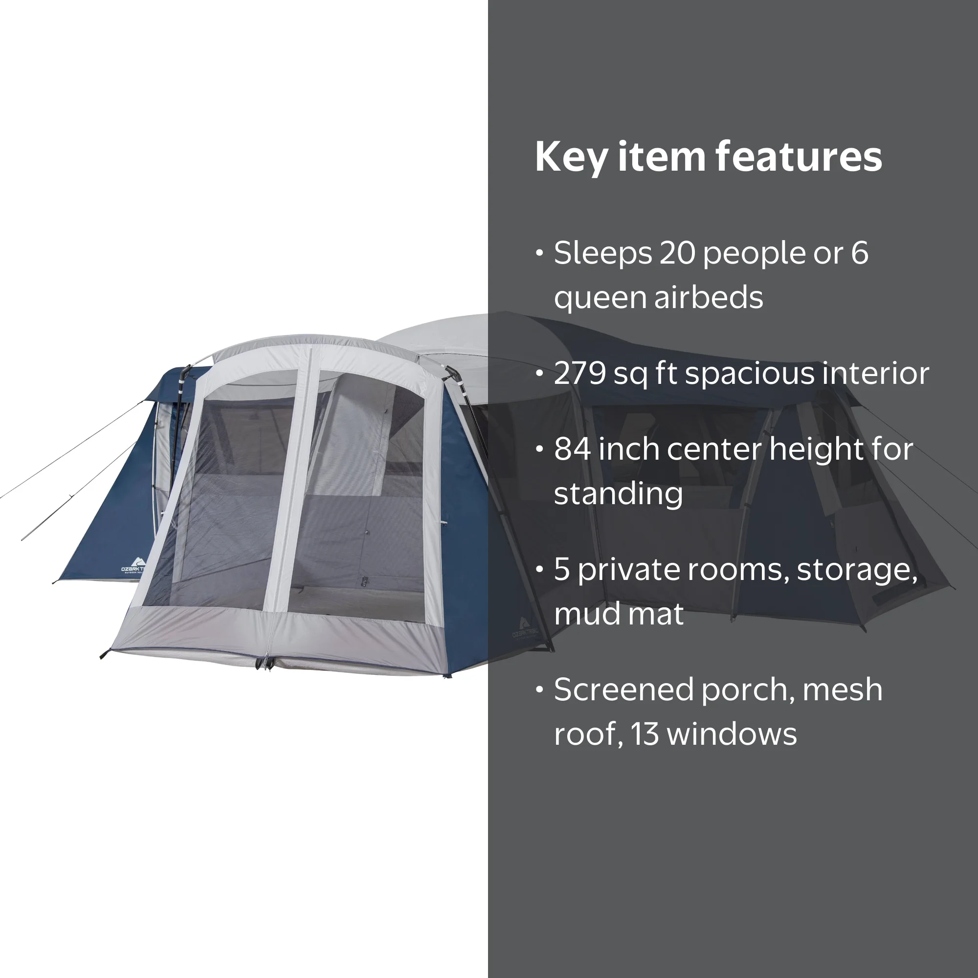 Ozark Trail Hazel Creek 20-Person Star Tent, with Screen Room