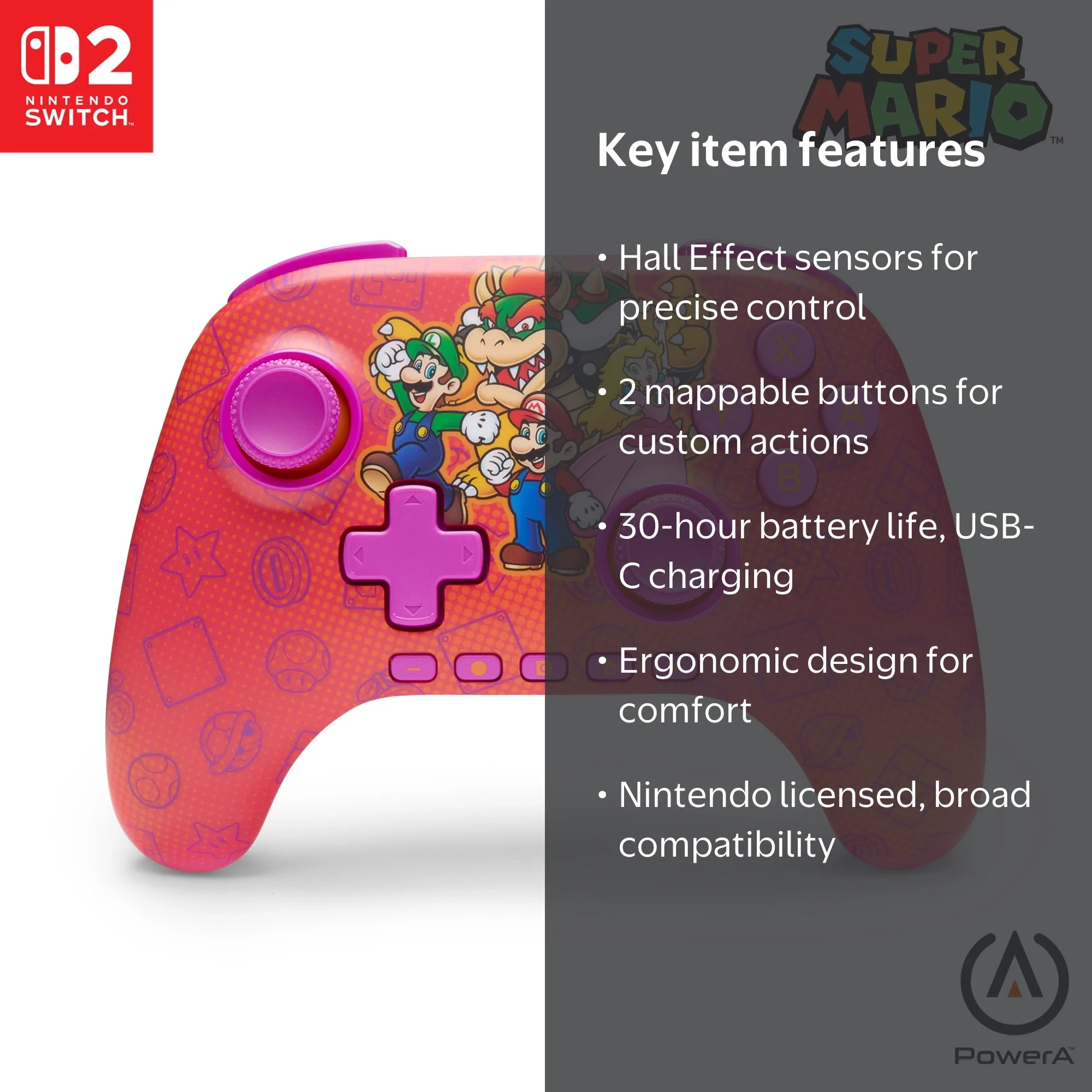 PowerA, Wireless Controller for Nintendo Switch 2, Mario and