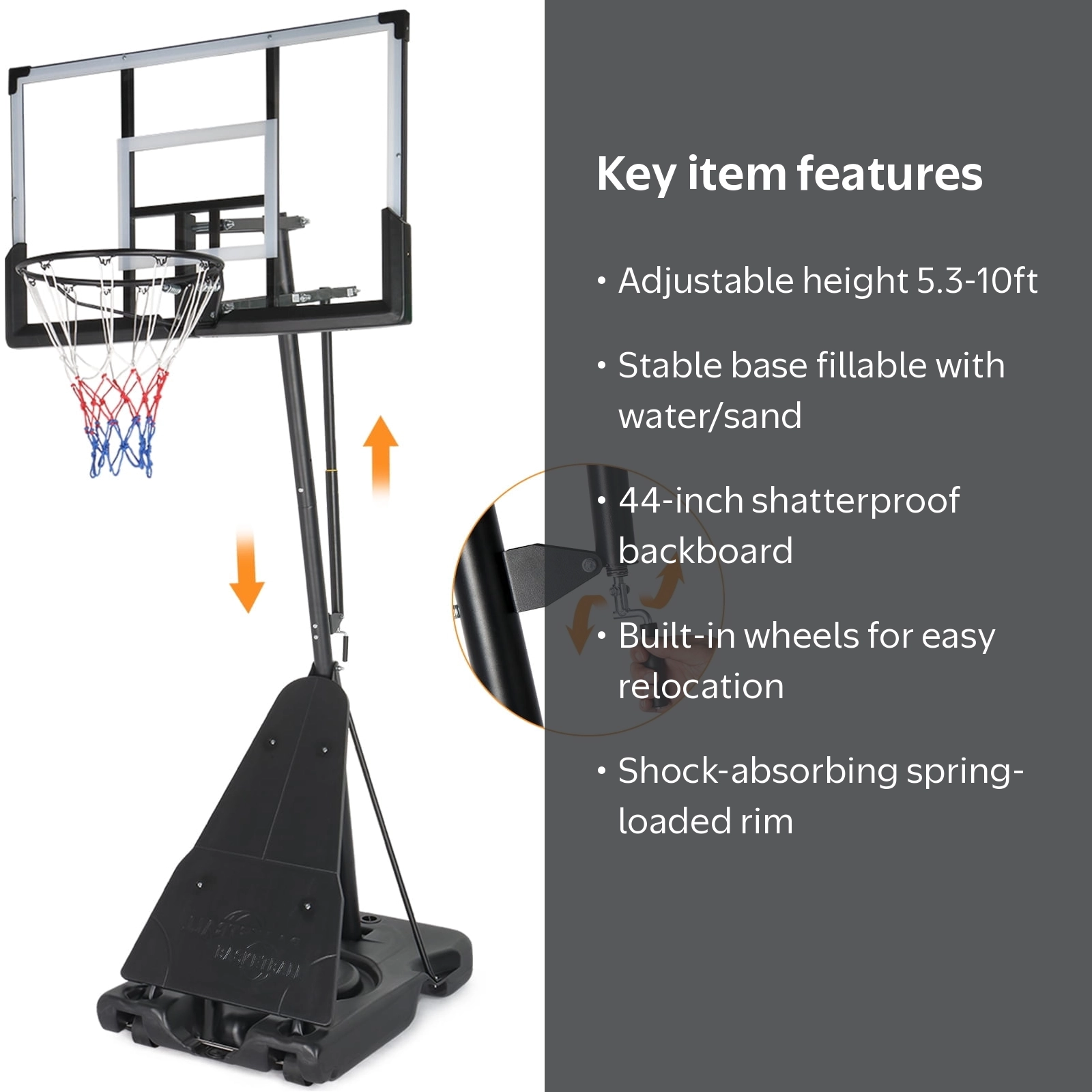 Ktaxon 5.3-10ft Adjustable Portable Basketball Hoop with Rebound