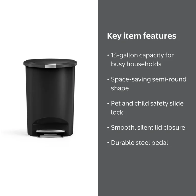 simplehuman, Trash Can, 13 Gallon, Black Plastic Semi-Round Step