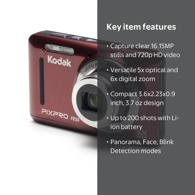 Kodak, Digital Camera, FZ53, 16MP Compact HD Video Red - Walmart.com