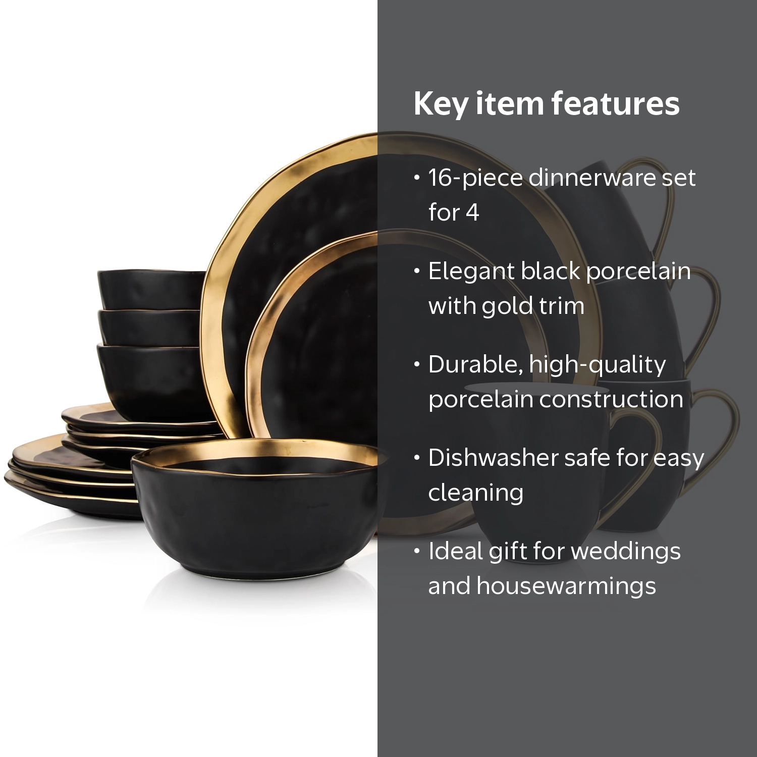Stone Lain, Dinnerware Set, 16-Piece, Black and Gold - Walmart.com
