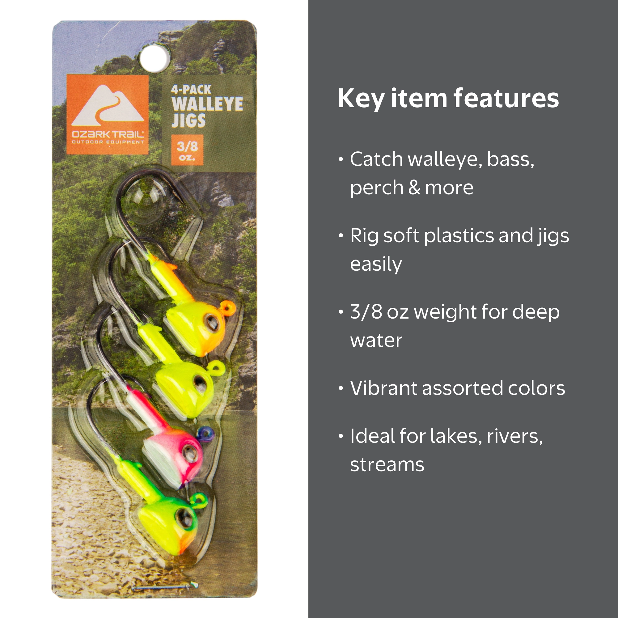 Ozark Trail Walleye Fishing Jig Heads, 3/8oz, Multicolor, 4pk