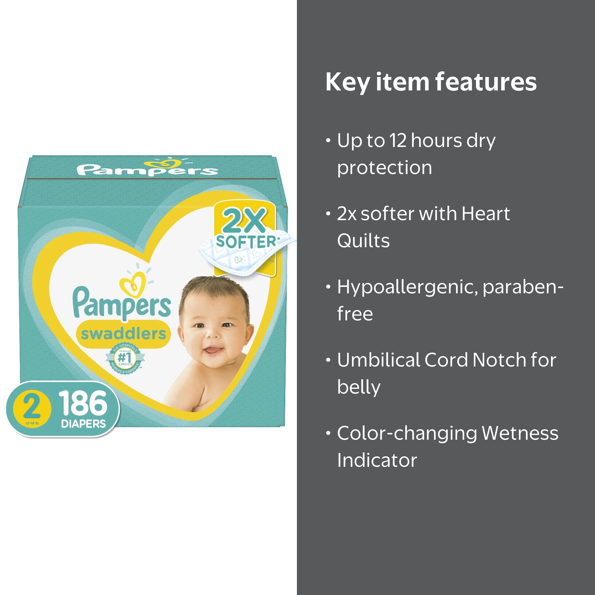 Pampers, Swaddlers Diapers, Size 2, 186 Ct, Soft and Absorbent