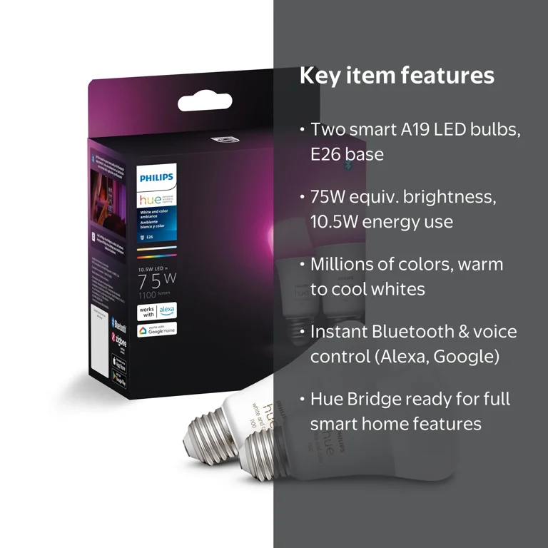 Philips Hue A19 75W Smart LED Bulbs (2-Pack), White and Color