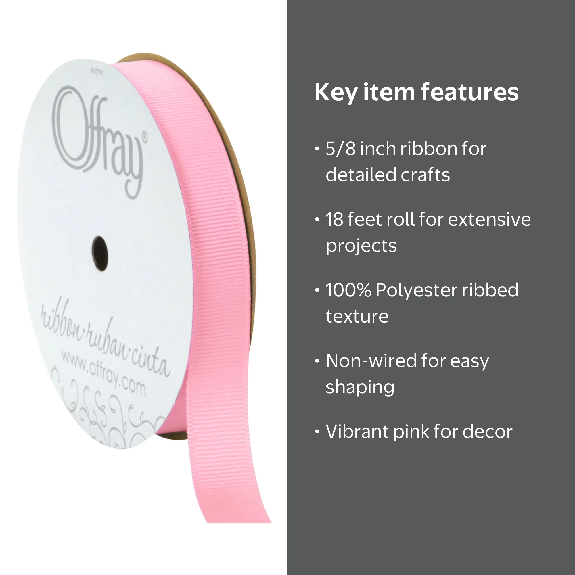 Offray Pink Grosgrain Ribbon, 5/8 inch x 18 feet, Polyester Craft