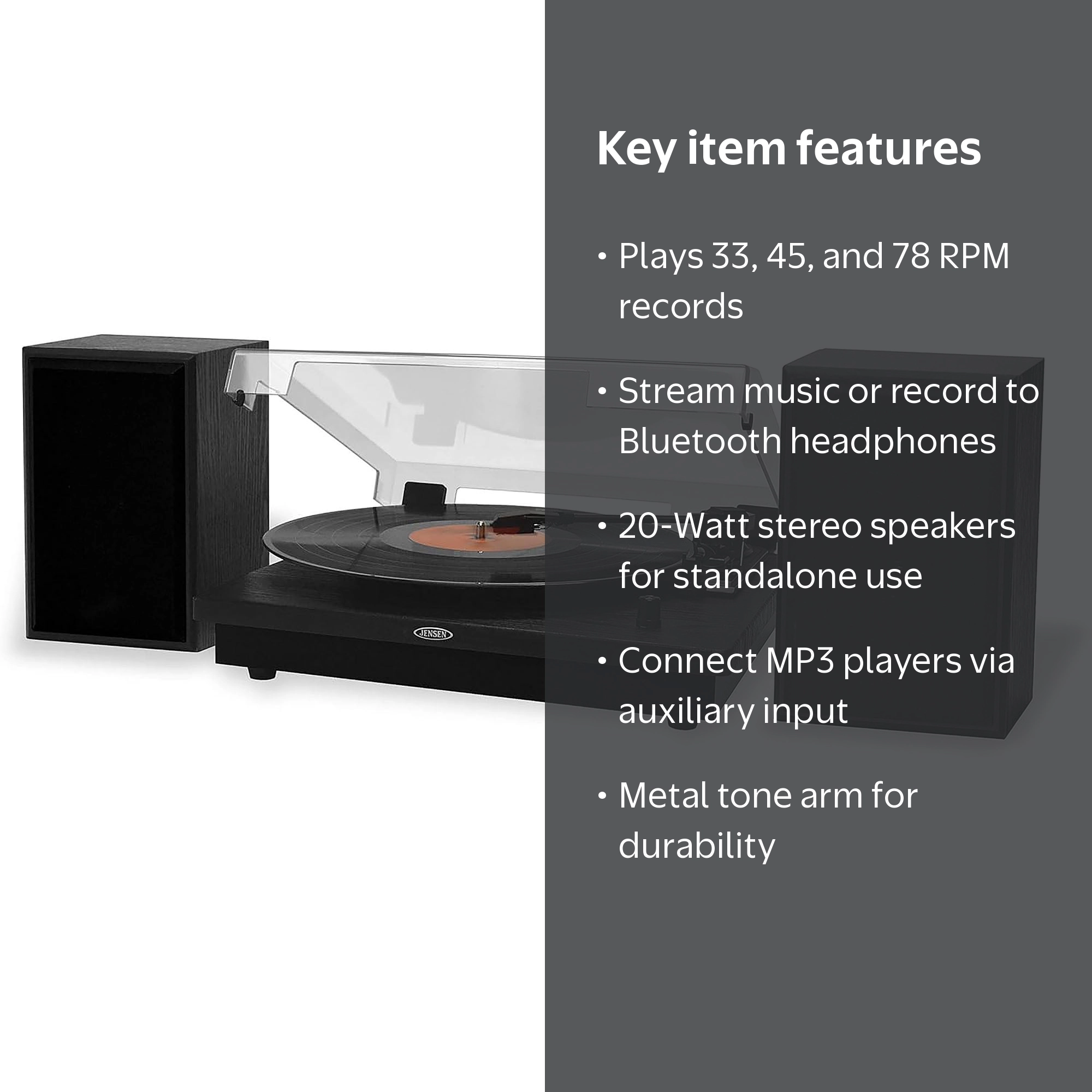 JENSEN JTA-315 3-Speed Stereo Bluetooth Turntable with Wireless