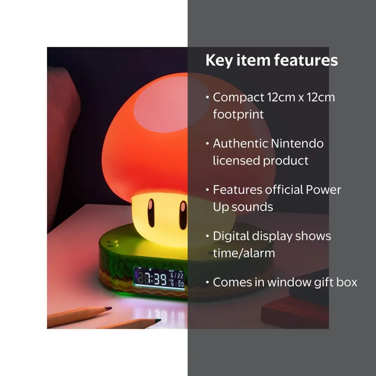 Paladone Super Mario Bros Mushroom Digital Alarm Clock, Power Up