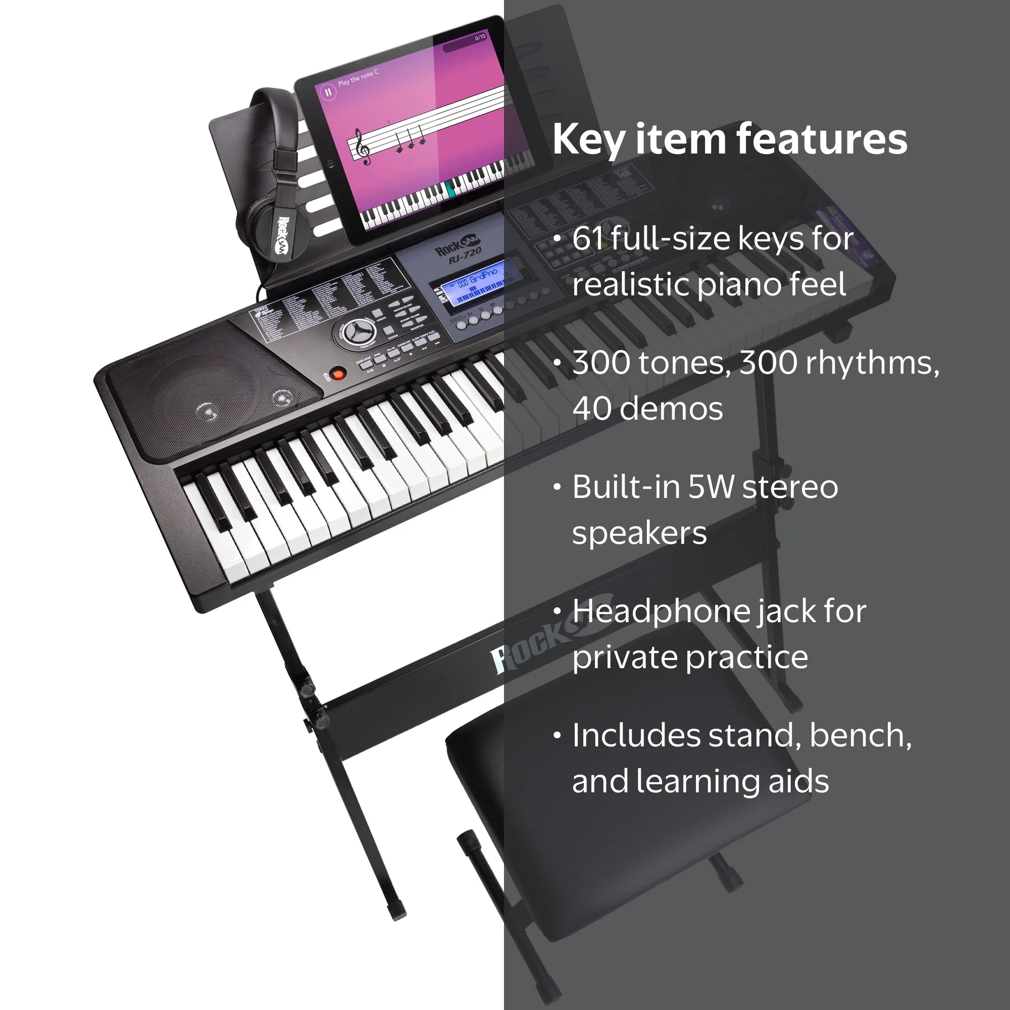 Rockjam 61-Key Digital Keyboard Piano Kit with Stand, Bench, Music
