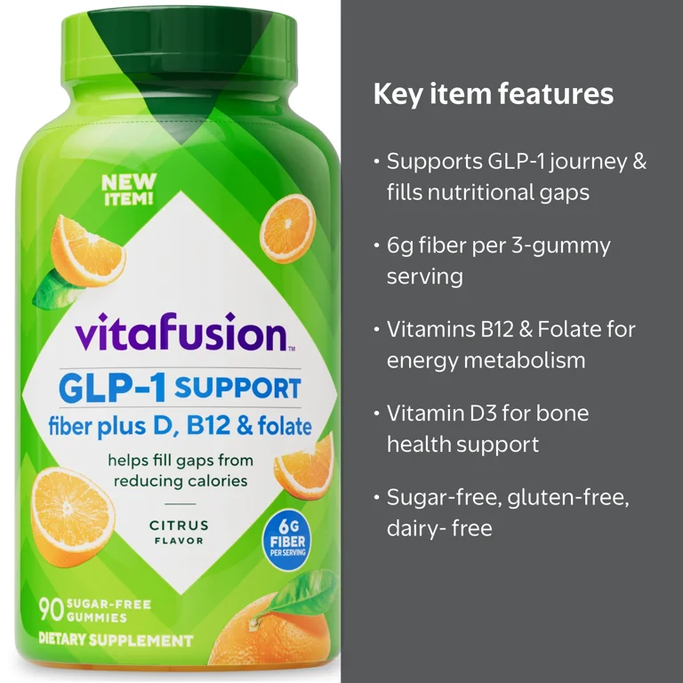 vitafusion GLP-1 Support Fiber Plus Vitamins D, B12 and Folate Gummy Vitamins, Sugar Free, 90 ct