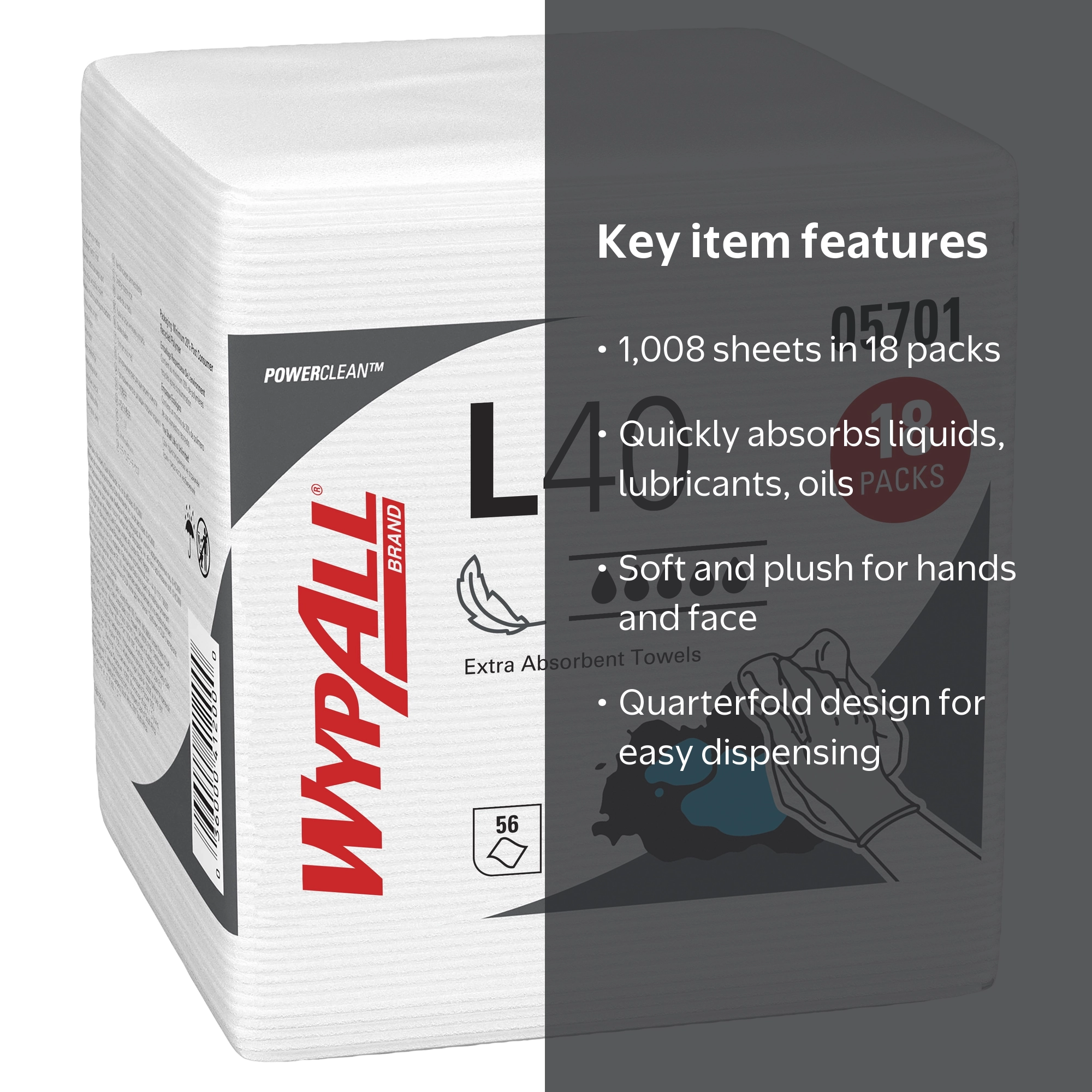 WypAll, PowerClean L40 Cloths, 05701, Extra Absorbent Wipes