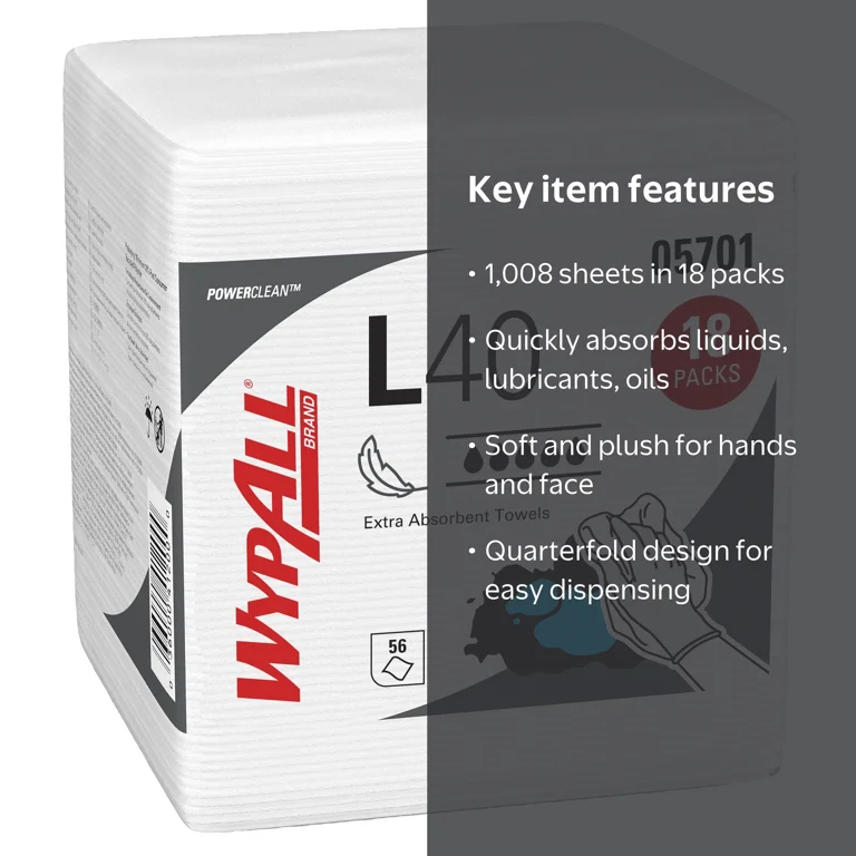 WypAll, PowerClean L40 Cloths, 05701, Extra Absorbent Wipes