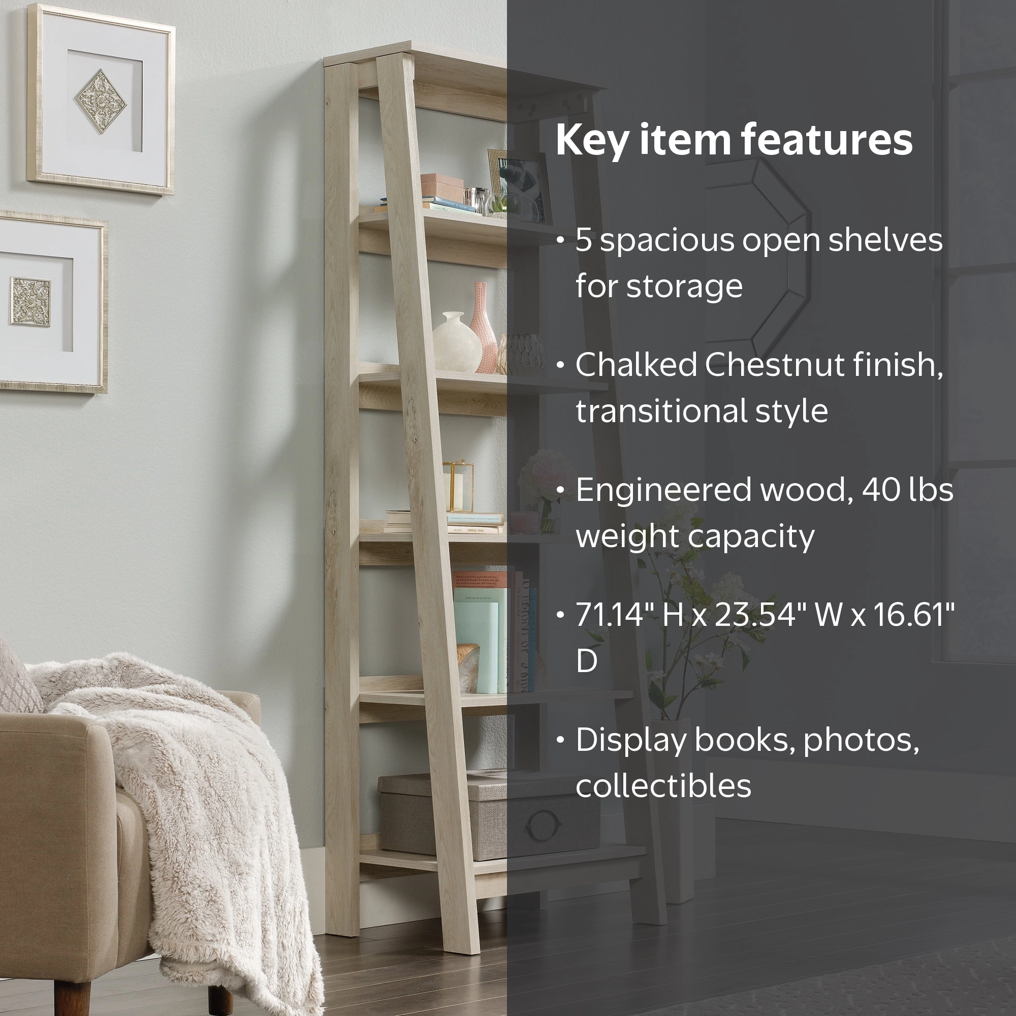 Sauder, Trestle 5-Shelf Bookcase, Chalked Chestnut Finish