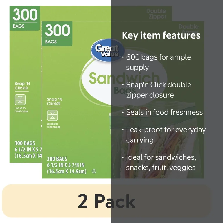2 pack) Great Value Double Zipper Sandwich Bags, 300 Count