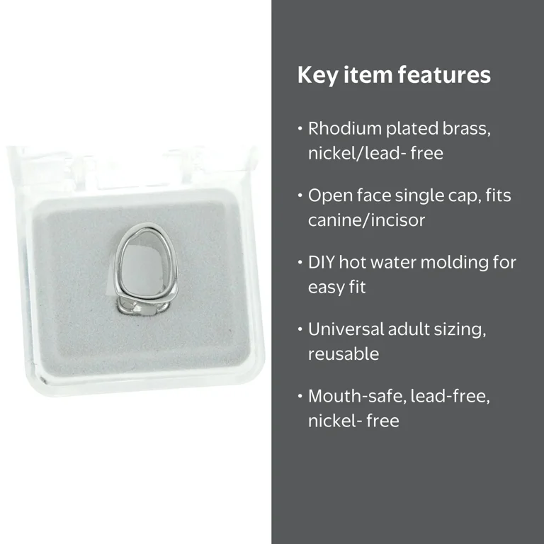 Best Grillz Open Face Single Cap Tooth Grill, Silver Tone, Canine