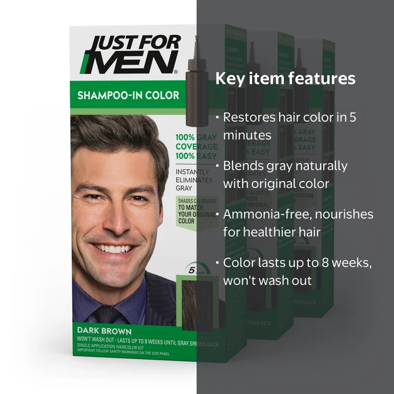 Just For Men, Shampoo-in Hair Dye, H-45, Dark Brown, 3 Pack