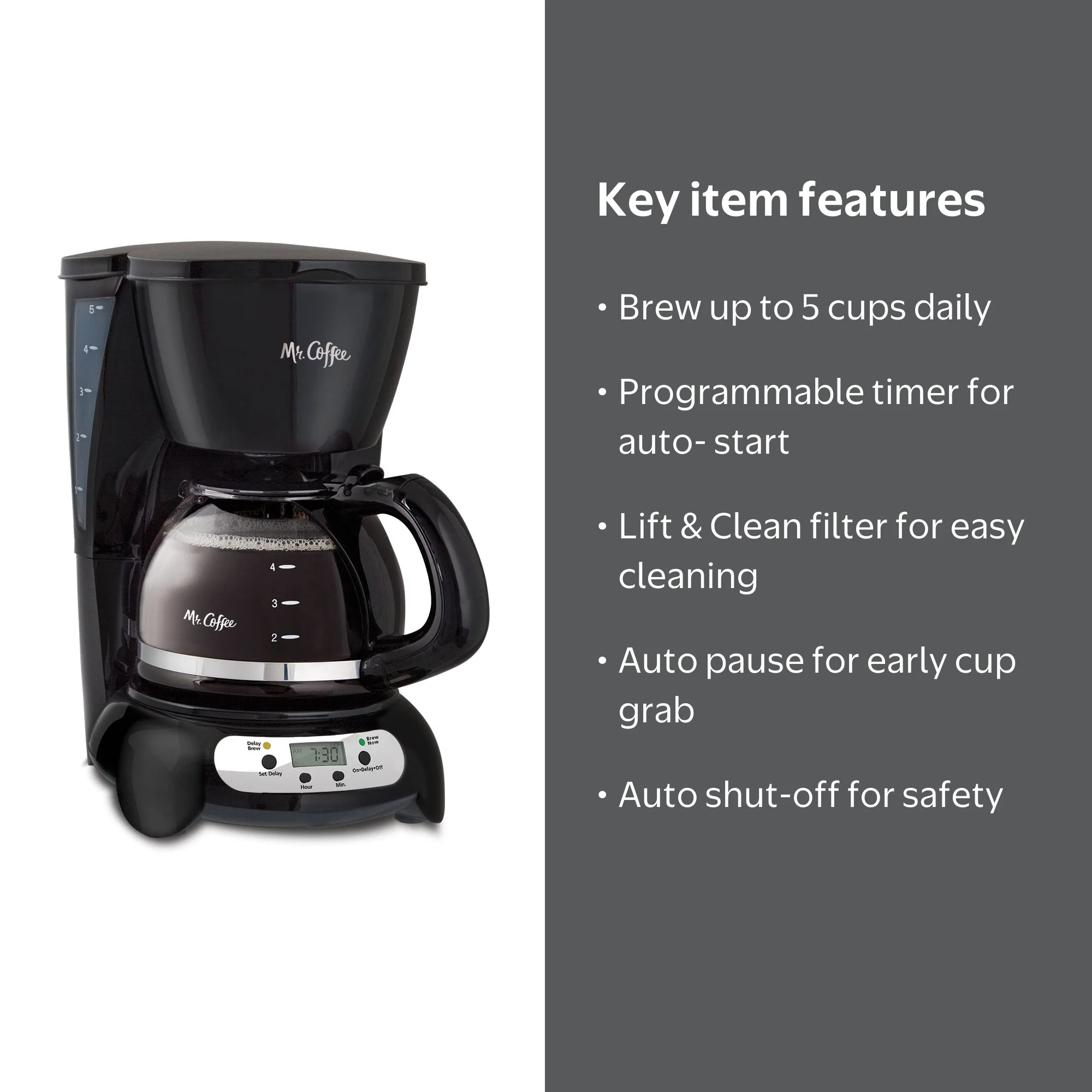 Mr. Coffee 5 Cup Programmable Black & Stainless Steel Drip Coffee