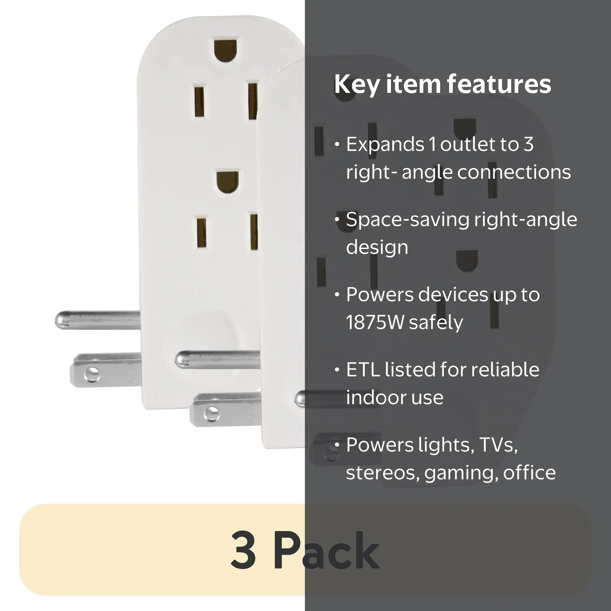 Hug-a-plug Right Angle Grounded Adapter Plug – 15A 125V Current Tap (White)